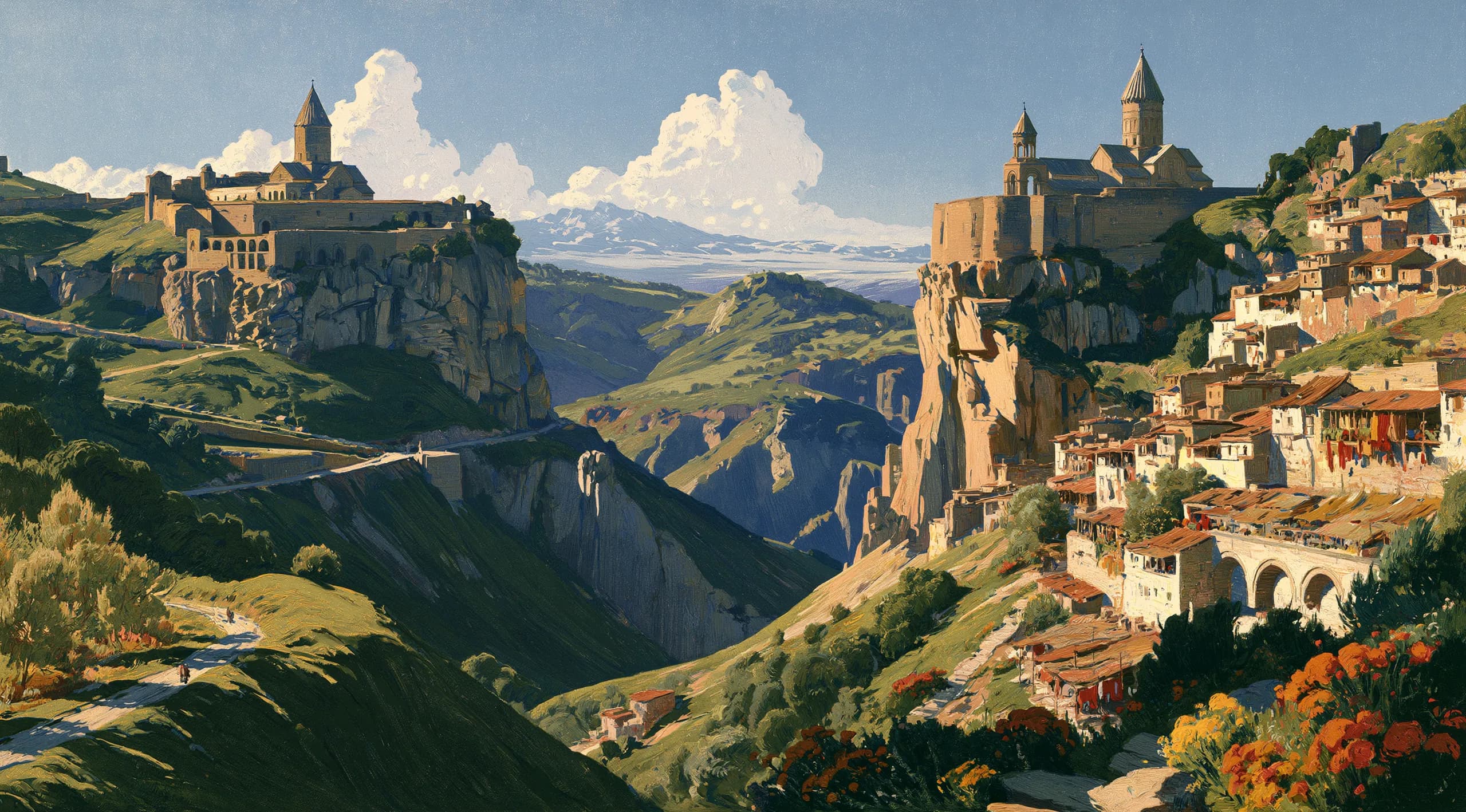 Painting of a cliffside town below a fortified monastery, mountains beyond